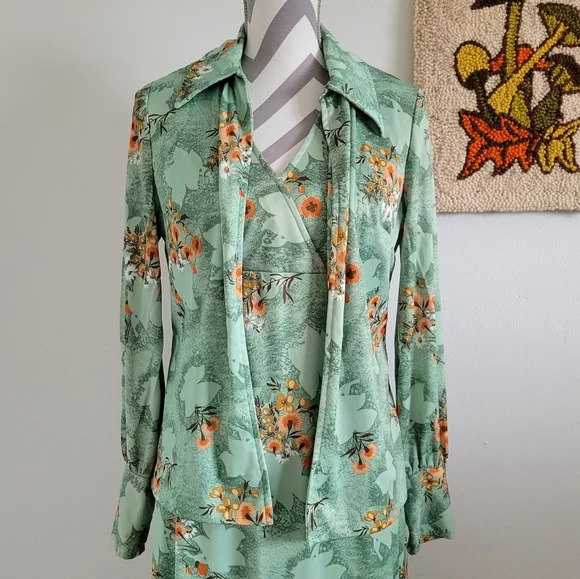 70s Vintage Green Orange Floral Maxi Dress + Shirt Jacket - Picture 3 of 10